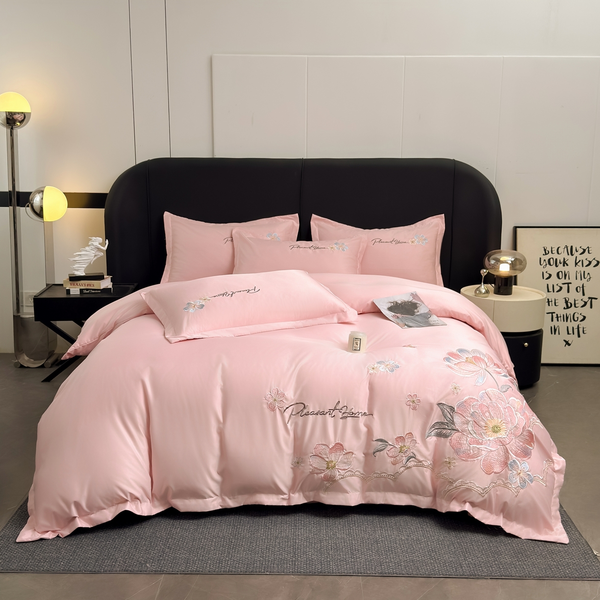 91家纺网 家纺一手货源 找家纺 色鬼布艺高端家居主号 2026新款水洗冰丝刺绣逐梦花园四件套 逐梦花园-温柔粉