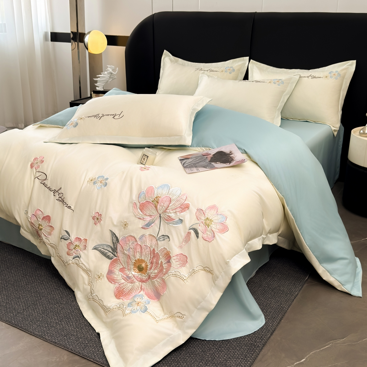 91家纺网 家纺一手货源 找家纺 色鬼布艺高端家居主号 2026新款水洗冰丝刺绣逐梦花园四件套 逐梦花园-白兰