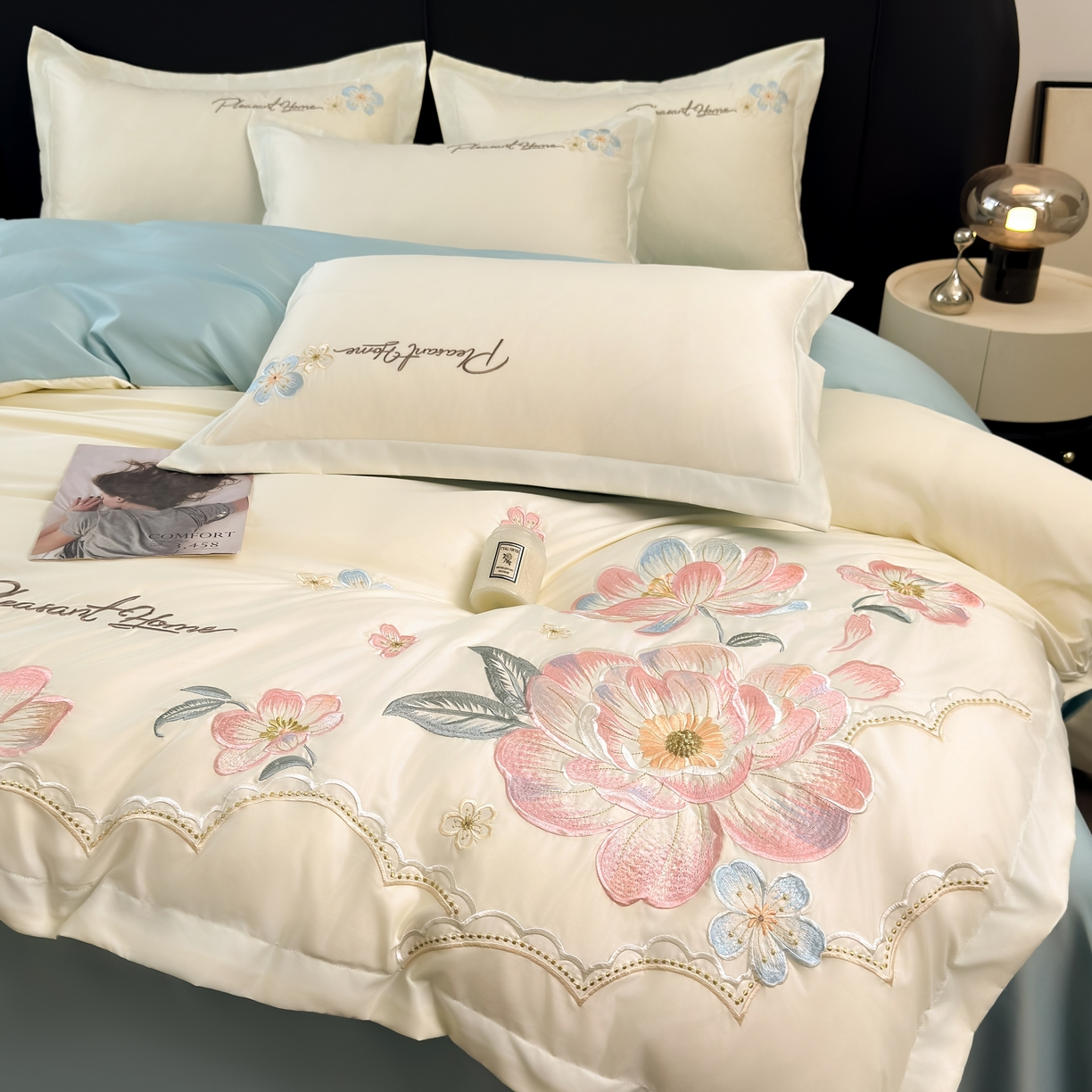 91家纺网 家纺一手货源 找家纺 色鬼布艺高端家居主号 2026新款水洗冰丝刺绣逐梦花园四件套 逐梦花园-白兰