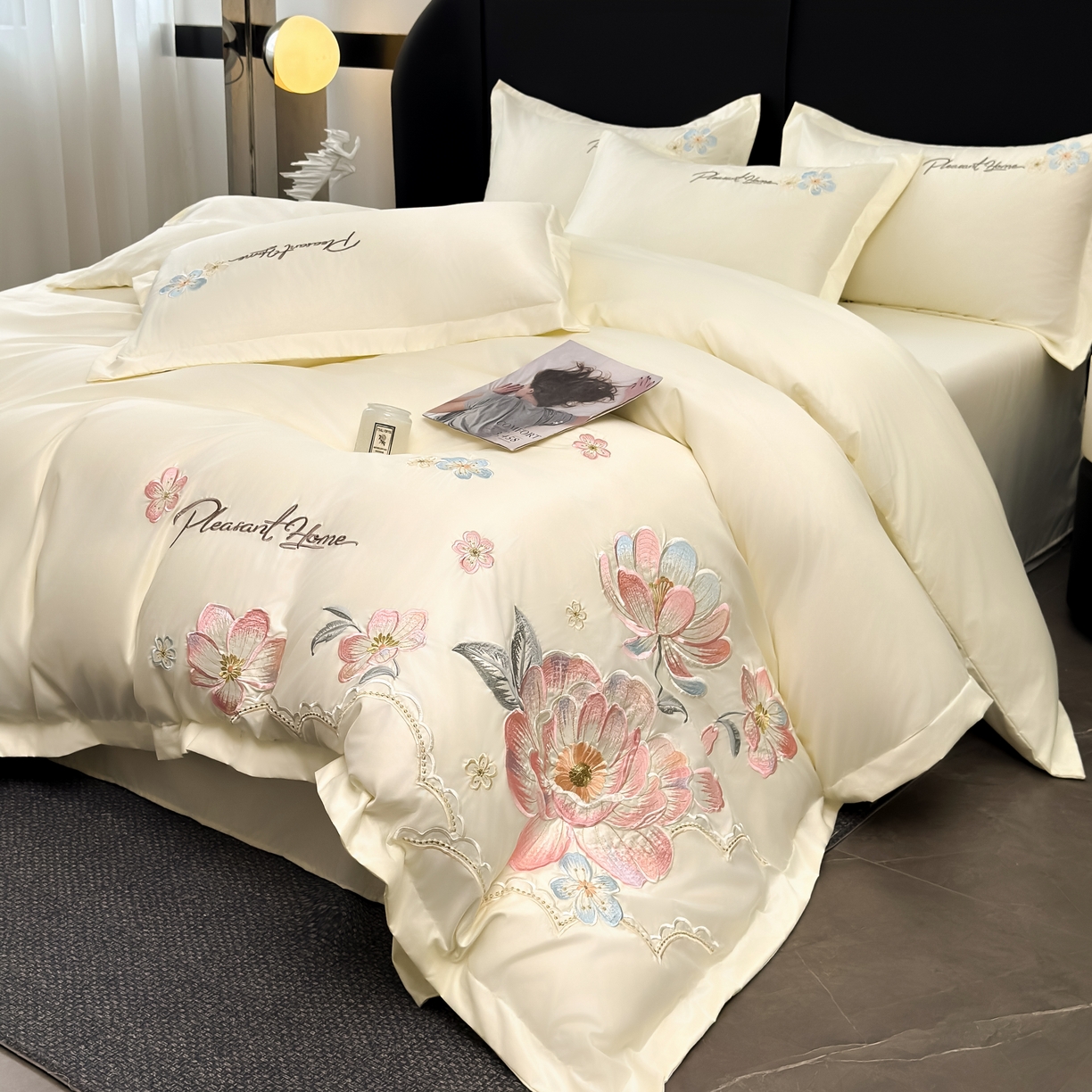 91家纺网 家纺一手货源 找家纺 色鬼布艺高端家居主号 2026新款水洗冰丝刺绣逐梦花园四件套 逐梦花园-纯洁白