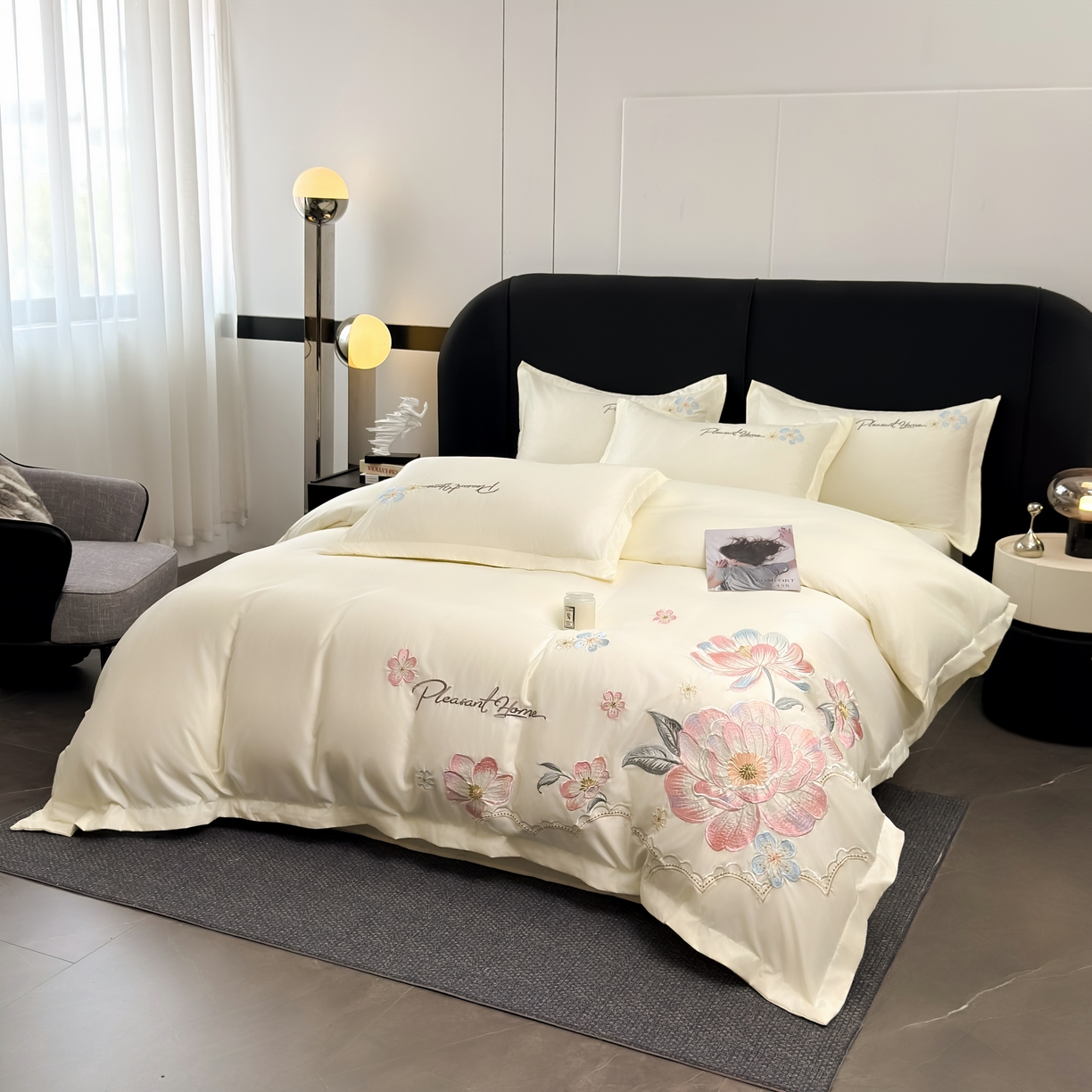 91家纺网 家纺一手货源 找家纺 色鬼布艺高端家居主号 2026新款水洗冰丝刺绣逐梦花园四件套 逐梦花园-纯洁白