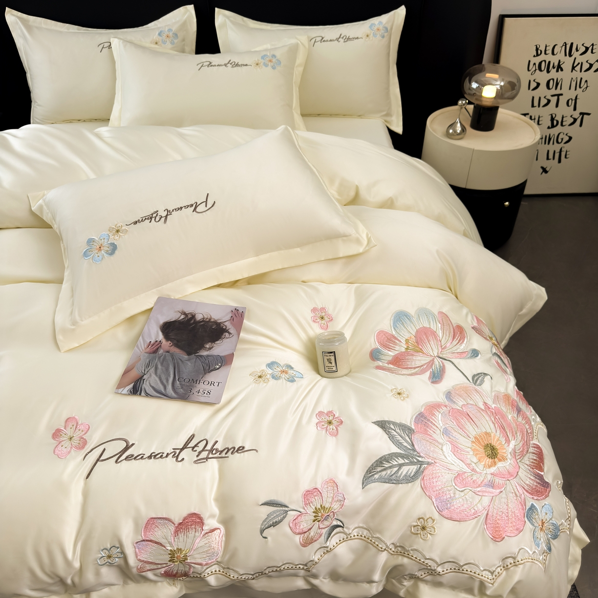 91家纺网 家纺一手货源 找家纺 色鬼布艺高端家居主号 2026新款水洗冰丝刺绣逐梦花园四件套 逐梦花园-纯洁白