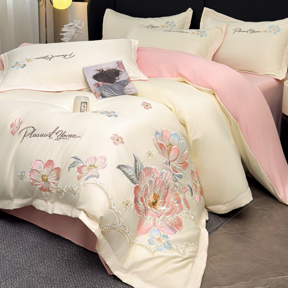 91家纺网 家纺一手货源 找家纺 色鬼布艺高端家居主号 2026新款水洗冰丝刺绣逐梦花园四件套 逐梦花园-白桃