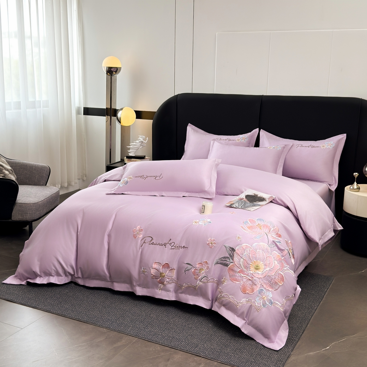 91家纺网 家纺一手货源 找家纺 色鬼布艺高端家居主号 2026新款水洗冰丝刺绣逐梦花园四件套 逐梦花园-芋泥紫