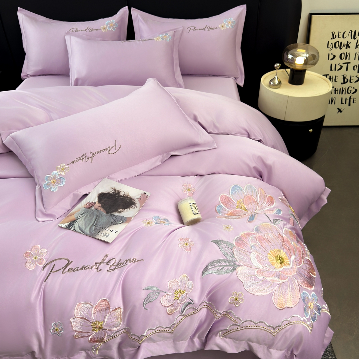 91家纺网 家纺一手货源 找家纺 色鬼布艺高端家居主号 2026新款水洗冰丝刺绣逐梦花园四件套 逐梦花园-芋泥紫