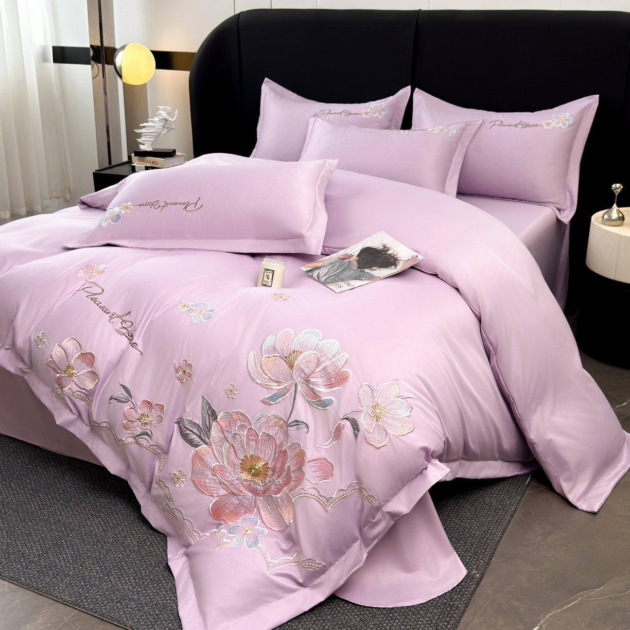 91家纺网 家纺一手货源 找家纺 色鬼布艺高端家居主号 2026新款水洗冰丝刺绣逐梦花园四件套 逐梦花园-芋泥紫