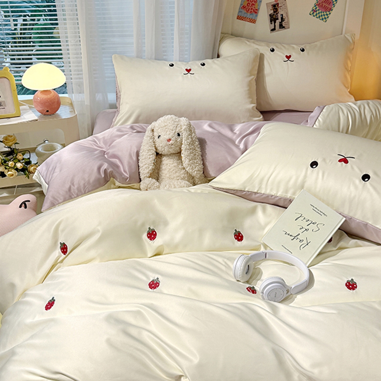 91家纺网 家纺一手货源 找家纺 色鬼布艺高端家居主号 2026春夏新款小清新元气刺绣水洗真丝四件套 爱心-白紫