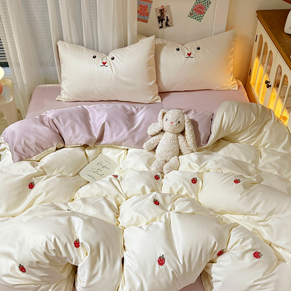 91家纺网 家纺一手货源 找家纺 色鬼布艺高端家居主号 2026春夏新款小清新元气刺绣水洗真丝四件套 爱心-白紫