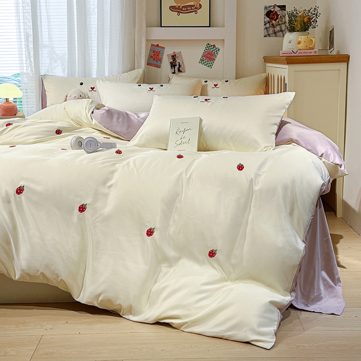 91家纺网 家纺一手货源 找家纺 色鬼布艺高端家居主号 2026春夏新款小清新元气刺绣水洗真丝四件套 爱心-白紫