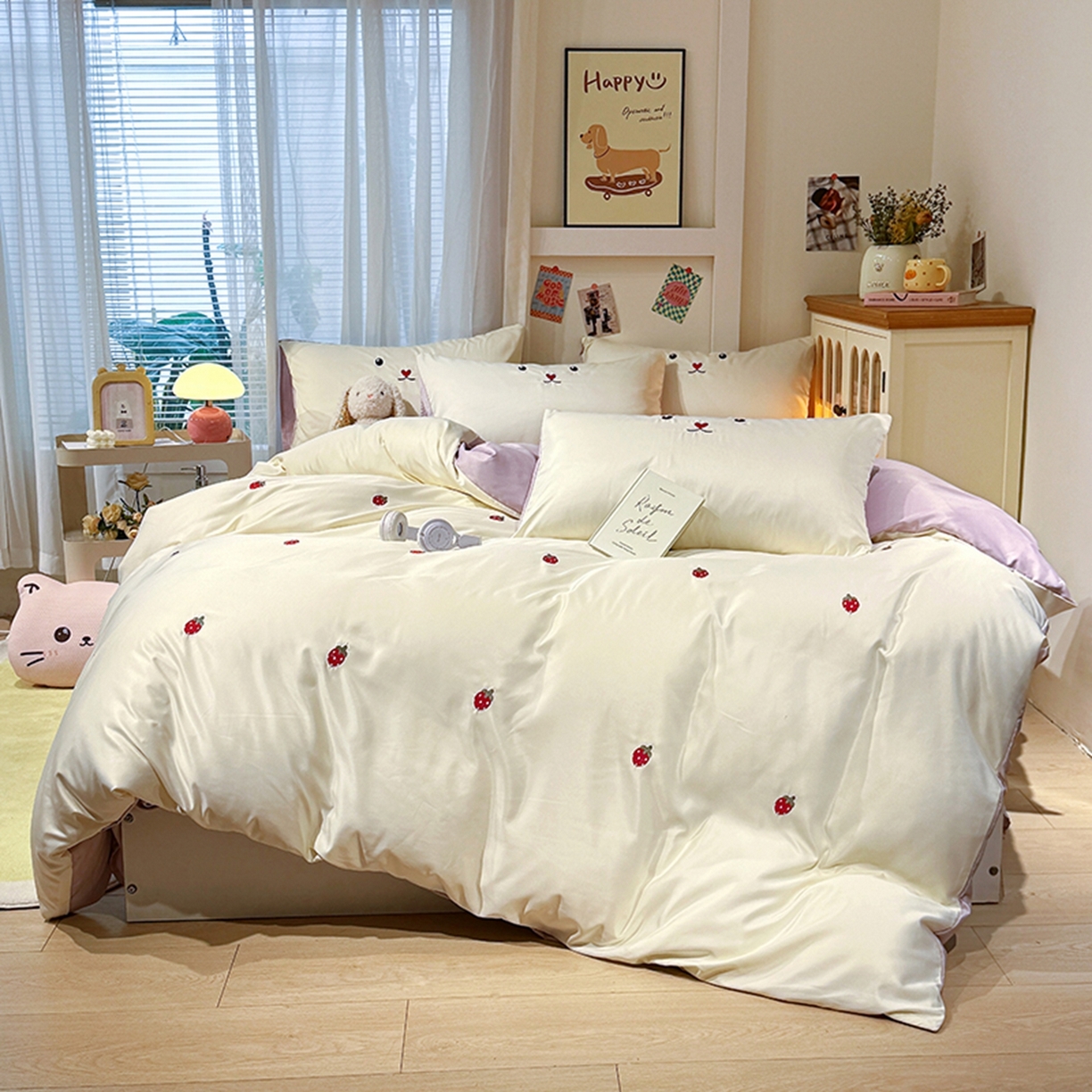 91家纺网 家纺一手货源 找家纺 色鬼布艺高端家居主号 2026春夏新款小清新元气刺绣水洗真丝四件套 爱心-白紫