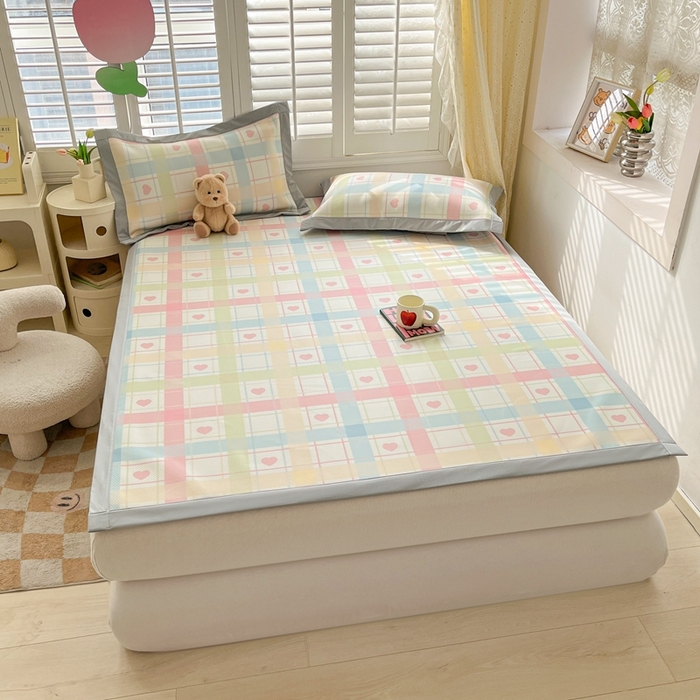 91家纺网 家纺一手货源 找家纺 女子家纺 2026新款大斜纹复合冰丝凉席-床席款 爱心气泡粉