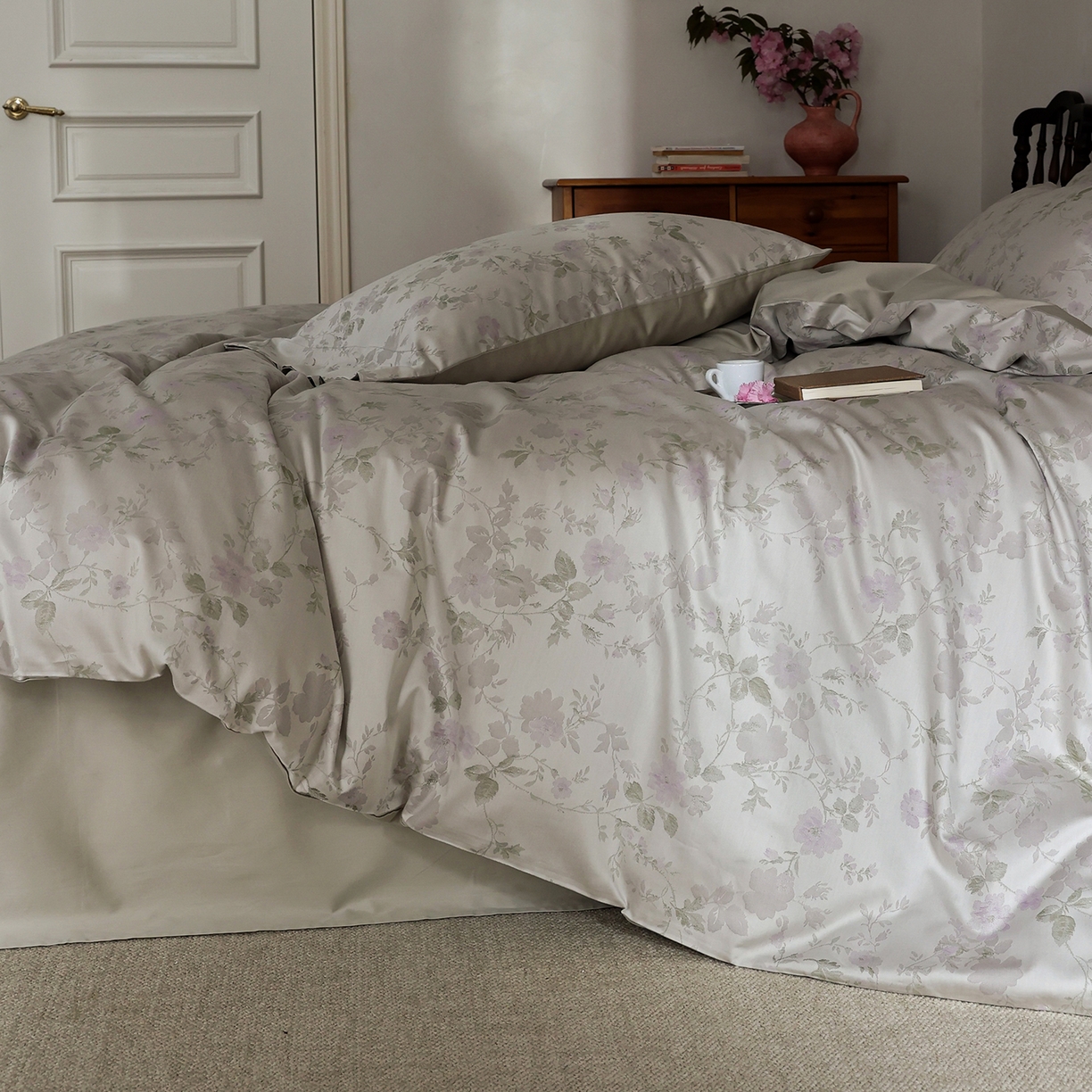 91家纺网 家纺一手货源 找家纺 ONE TWO ONE 121 【控价商品】【提供买家秀】2026新款100s50支长绒棉全棉床上用品色织提花四件套-梦谷花园 梦谷花园-青绿