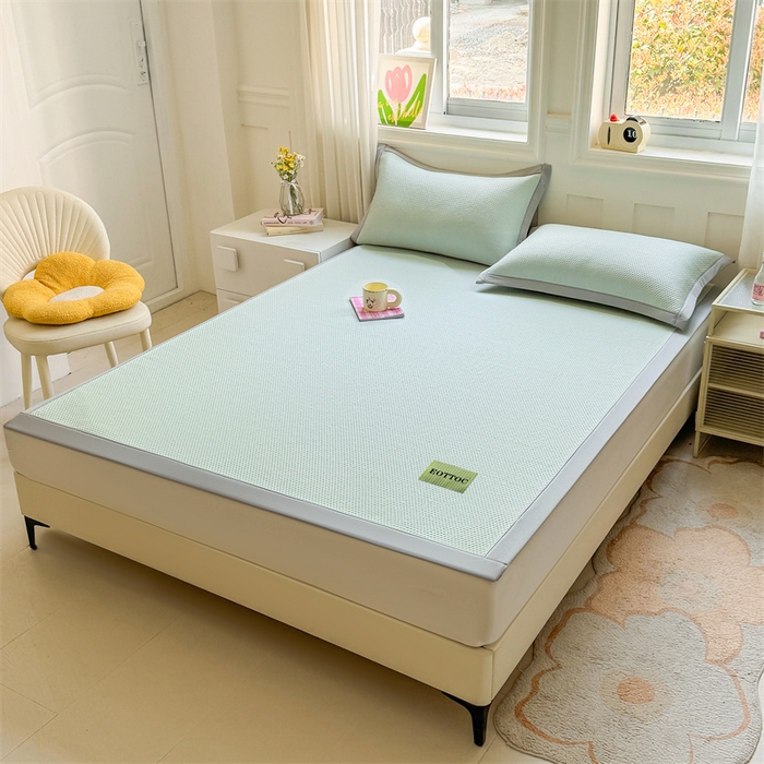 91家纺网 家纺一手货源 找家纺 女子家纺 2026新款凉感丝豆豆凉席三件套冰丝软席三明治款平铺席子 凉感丝豆豆席-海港蓝