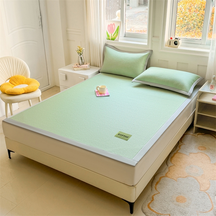 91家纺网 家纺一手货源 找家纺 女子家纺 2026新款凉感丝豆豆凉席三件套冰丝软席三明治款平铺席子 凉感丝豆豆席-春辰绿