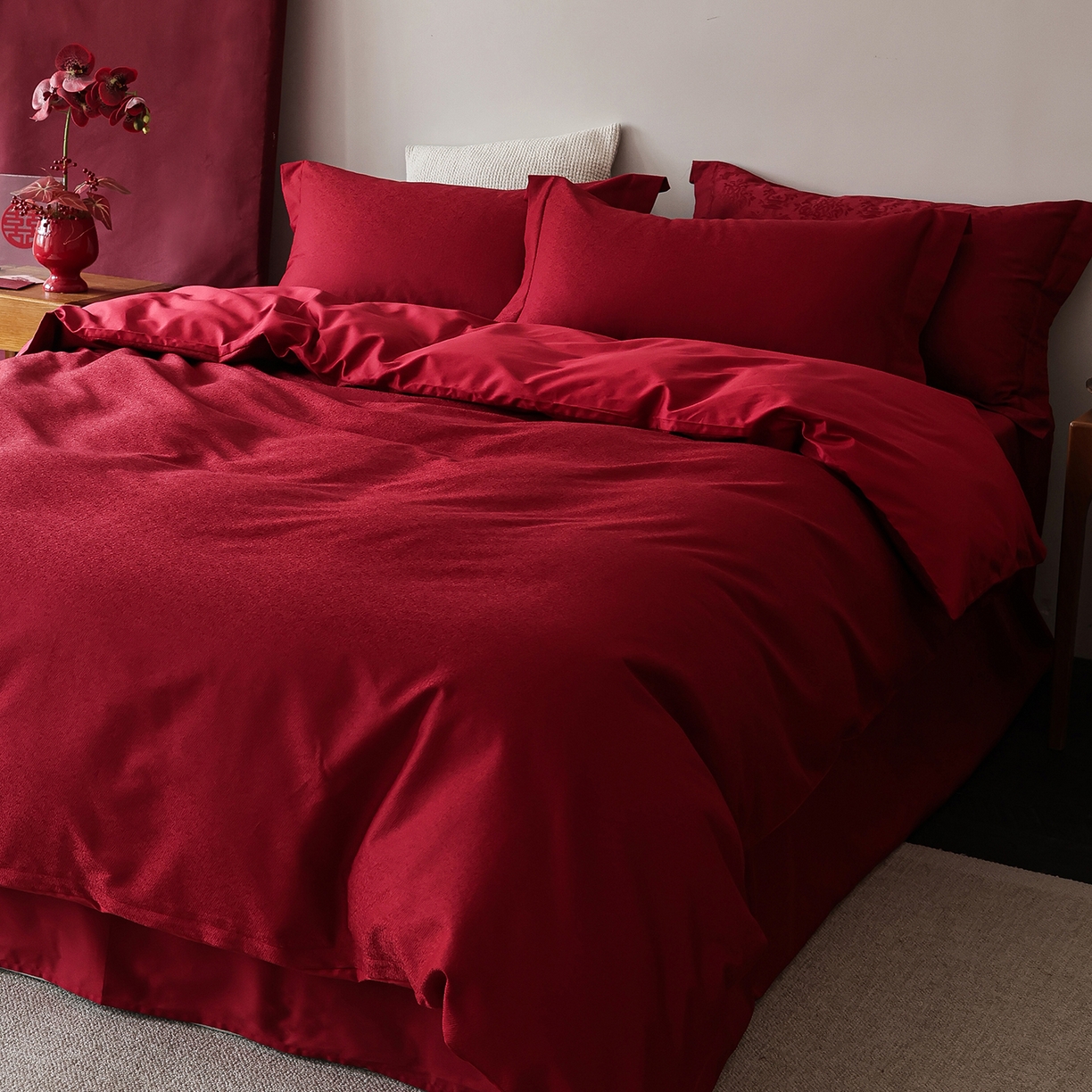 91家纺网 家纺一手货源 找家纺 （总）ONE TWO ONE 121 【控价商品】【提供买家秀】2026全棉100s长绒棉50支床上用品结婚大红色婚庆四件套提花 烈火-女神