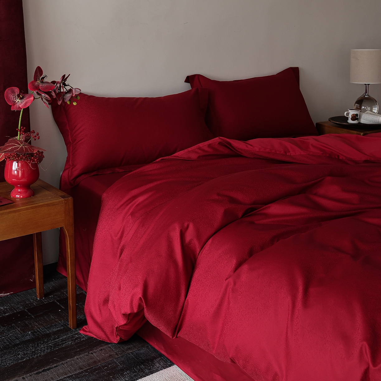 91家纺网 家纺一手货源 找家纺 （总）ONE TWO ONE 121 【控价商品】【提供买家秀】2026全棉100s长绒棉50支床上用品结婚大红色婚庆四件套提花 烈火-女神