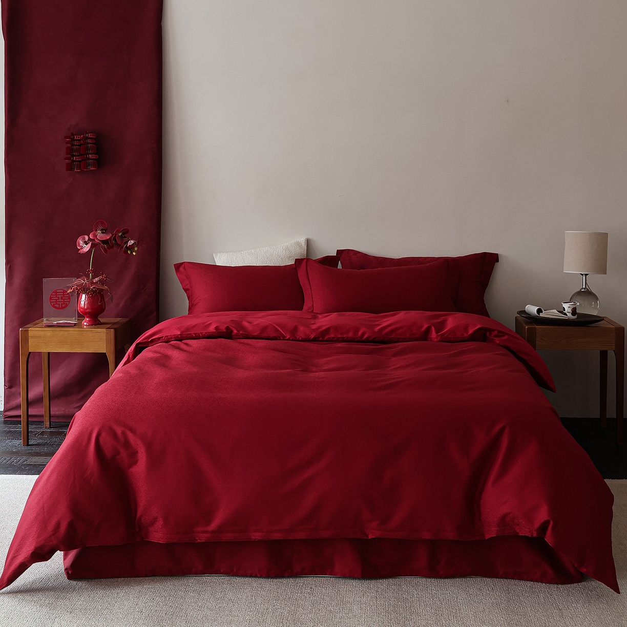 91家纺网 家纺一手货源 找家纺 （总）ONE TWO ONE 121 【控价商品】【提供买家秀】2026全棉100s长绒棉50支床上用品结婚大红色婚庆四件套提花 烈火-女神