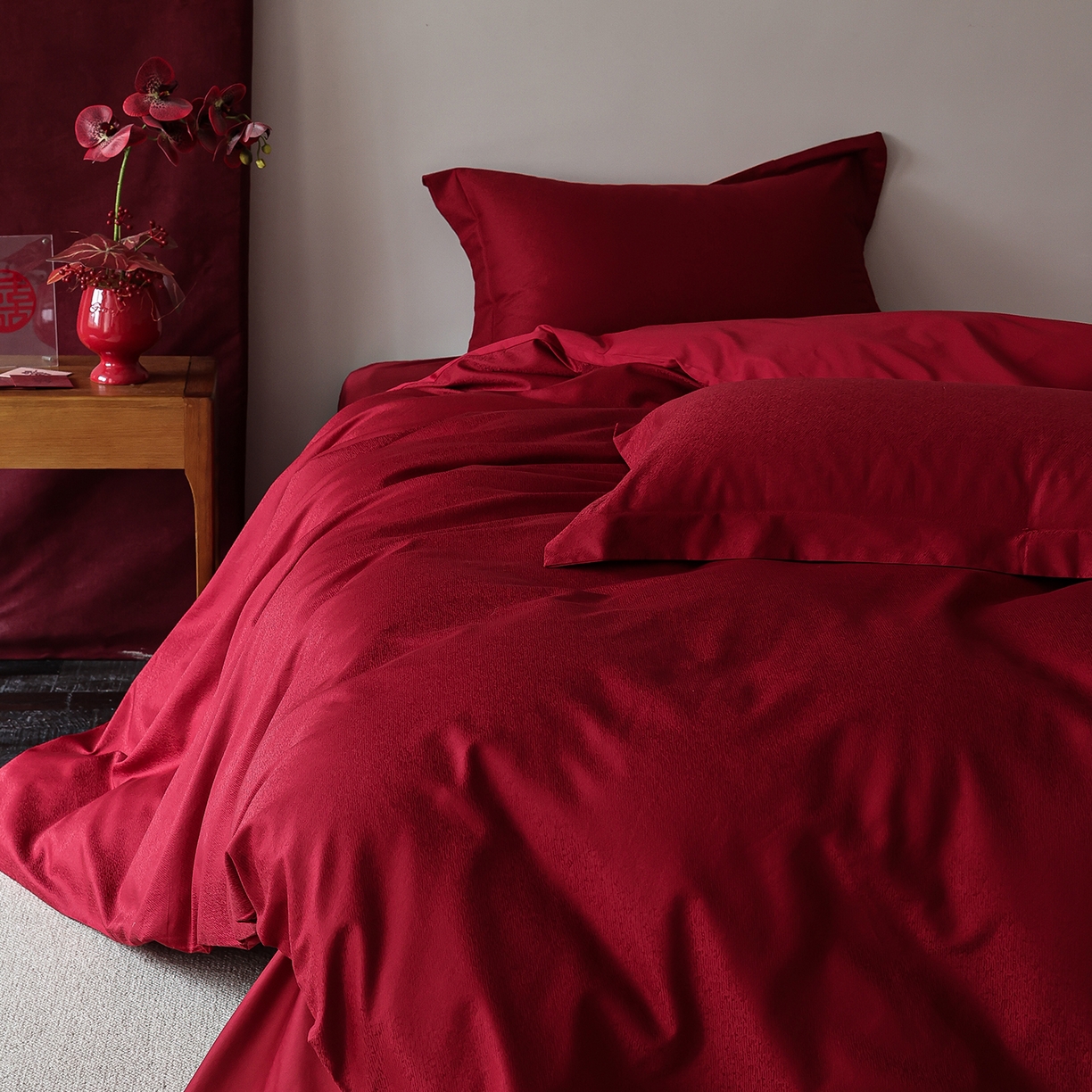 91家纺网 家纺一手货源 找家纺 （总）ONE TWO ONE 121 【控价商品】【提供买家秀】2026全棉100s长绒棉50支床上用品结婚大红色婚庆四件套提花 烈火-女神