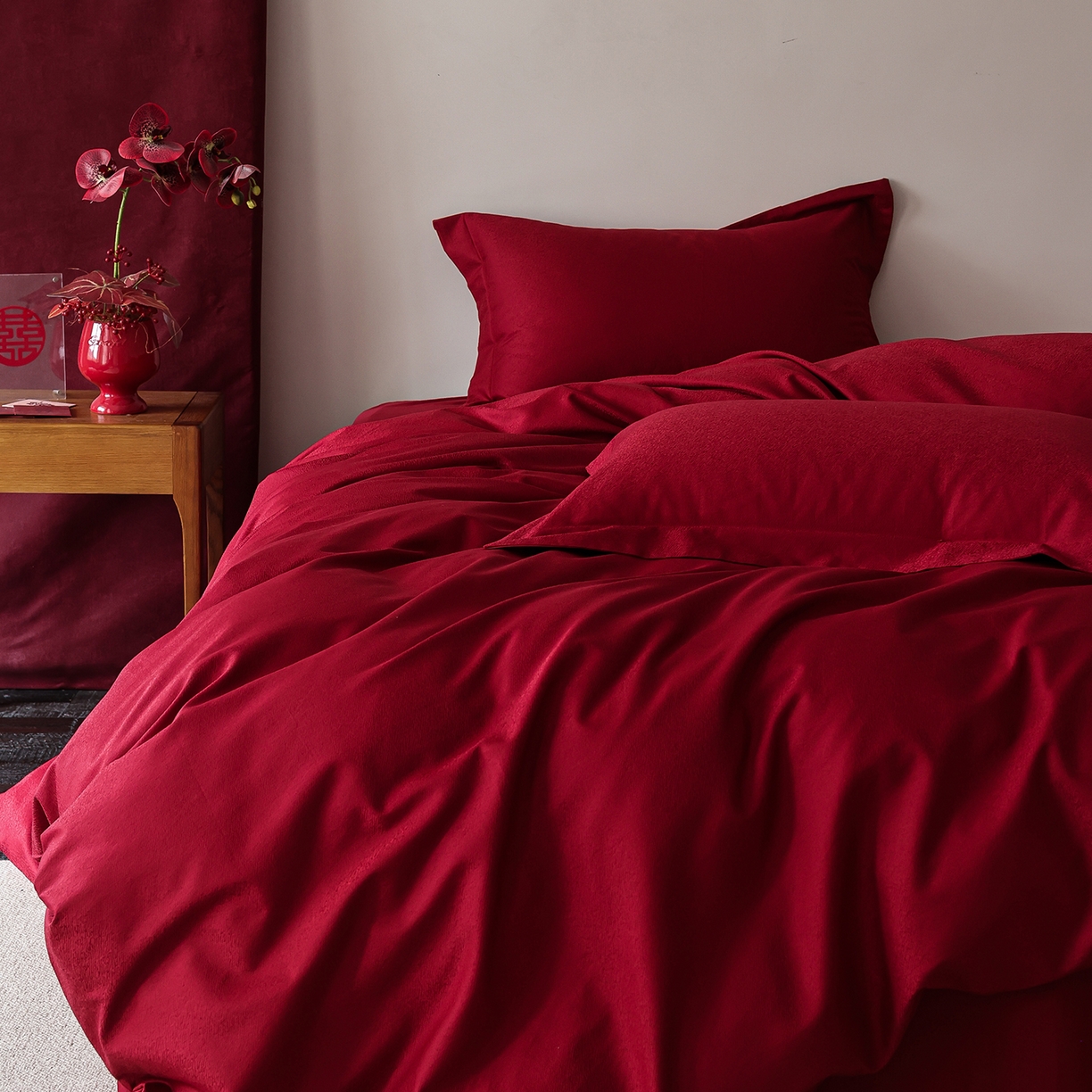 91家纺网 家纺一手货源 找家纺 （总）ONE TWO ONE 121 【控价商品】【提供买家秀】2026全棉100s长绒棉50支床上用品结婚大红色婚庆四件套提花 烈火-女神