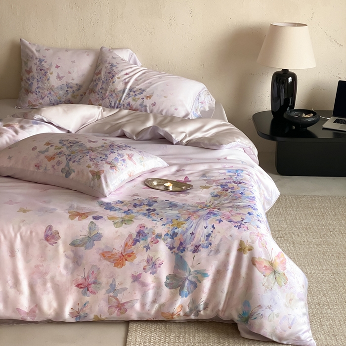 91家纺网 家纺一手货源 找家纺 三味舒屋 2026新款60S凝夏臻享天丝数码印花四件套 粉梦蝶