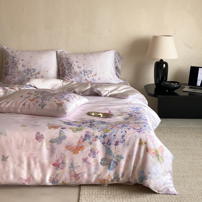 91家纺网 家纺一手货源 找家纺 三味舒屋 2026新款60S凝夏臻享天丝数码印花四件套 粉梦蝶