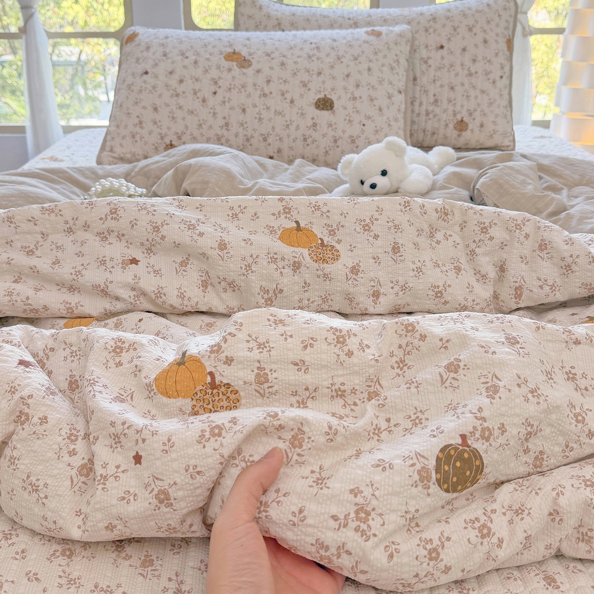 91家纺网 家纺一手货源 找家纺 悠米悠家 2026春夏新款泡泡纱印花夏被夏凉被空调被 南瓜碎花铺