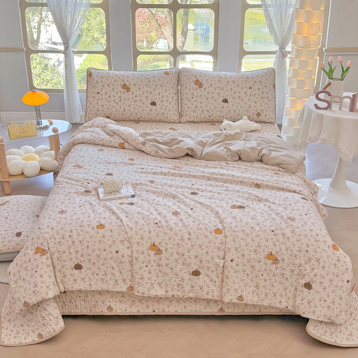 91家纺网 家纺一手货源 找家纺 悠米悠家 2026春夏新款泡泡纱印花夏被夏凉被空调被 南瓜碎花铺