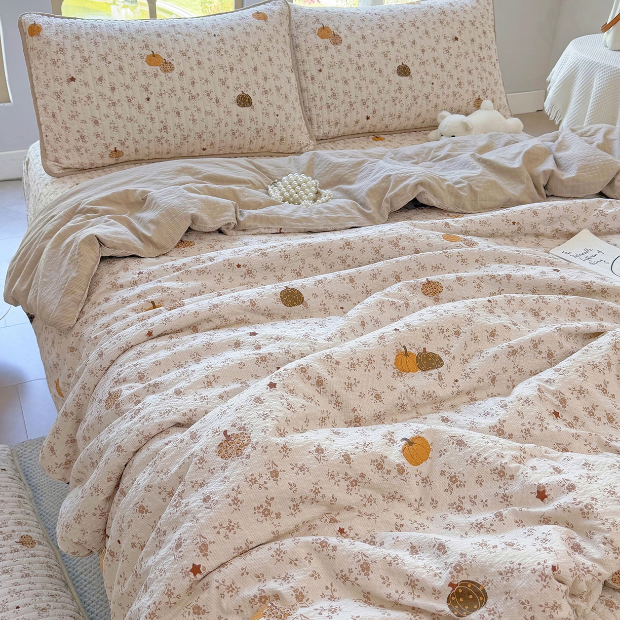 91家纺网 家纺一手货源 找家纺 悠米悠家 2026春夏新款泡泡纱印花夏被夏凉被空调被 南瓜碎花铺