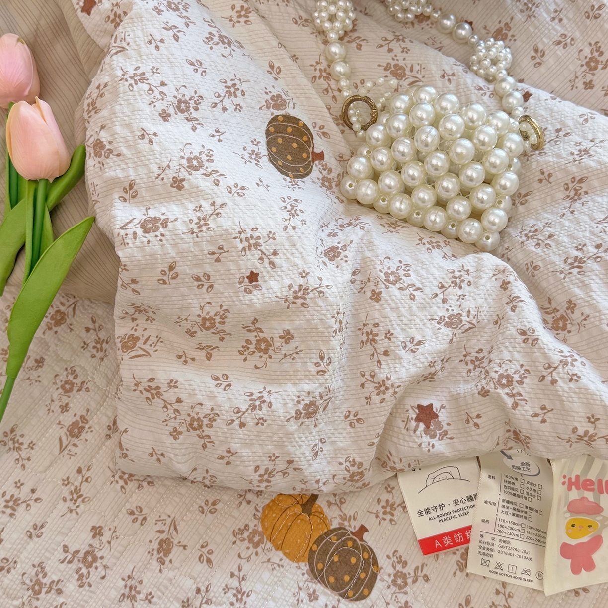 91家纺网 家纺一手货源 找家纺 悠米悠家 2026春夏新款泡泡纱印花夏被夏凉被空调被 南瓜碎花铺