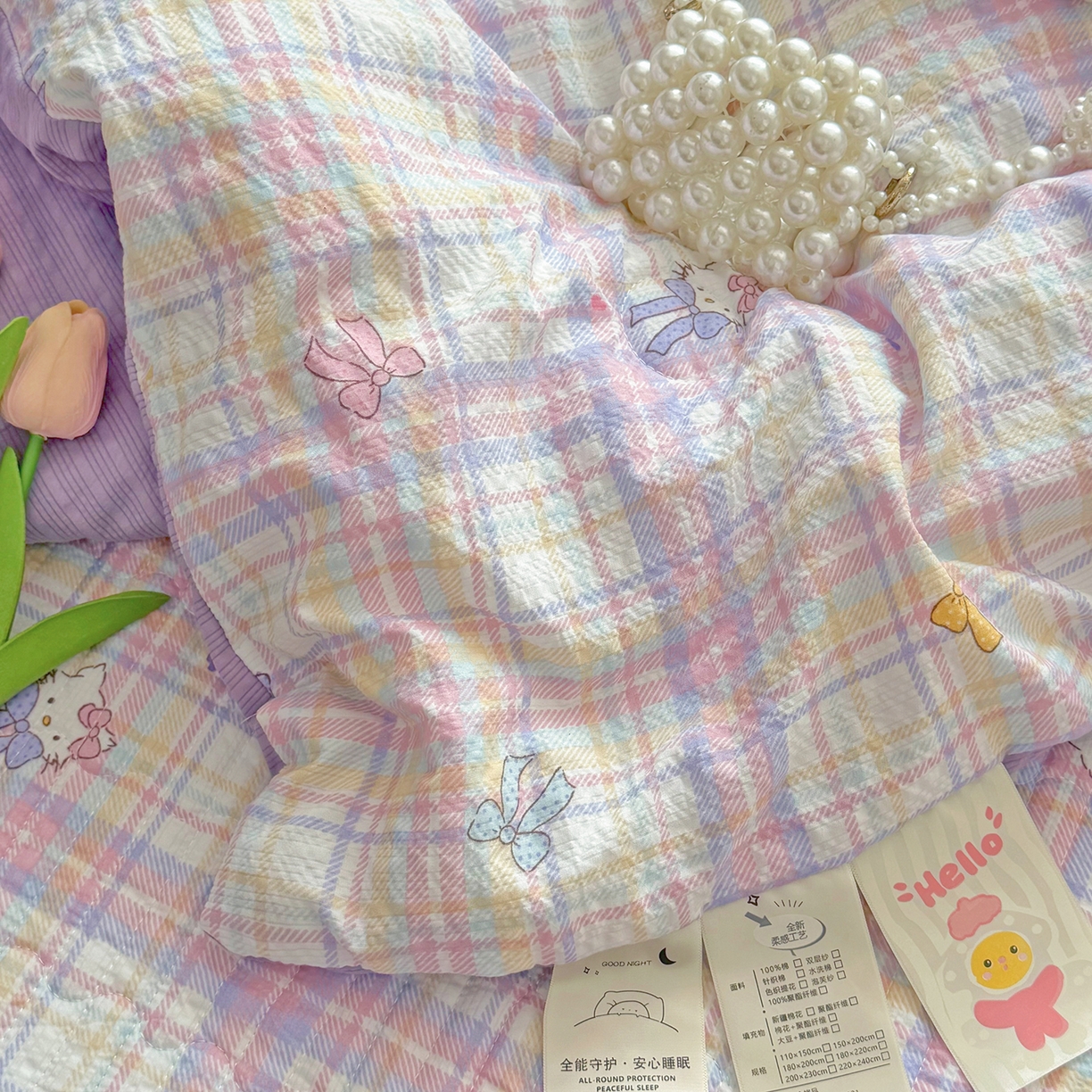 91家纺网 家纺一手货源 找家纺 悠米悠家 2026春夏新款泡泡纱印花夏被夏凉被空调被 芋泥啵啵 Kitty