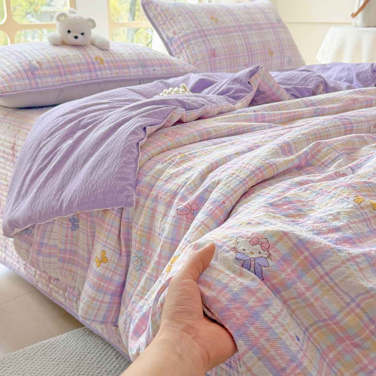 91家纺网 家纺一手货源 找家纺 悠米悠家 2026春夏新款泡泡纱印花夏被夏凉被空调被 芋泥啵啵 Kitty