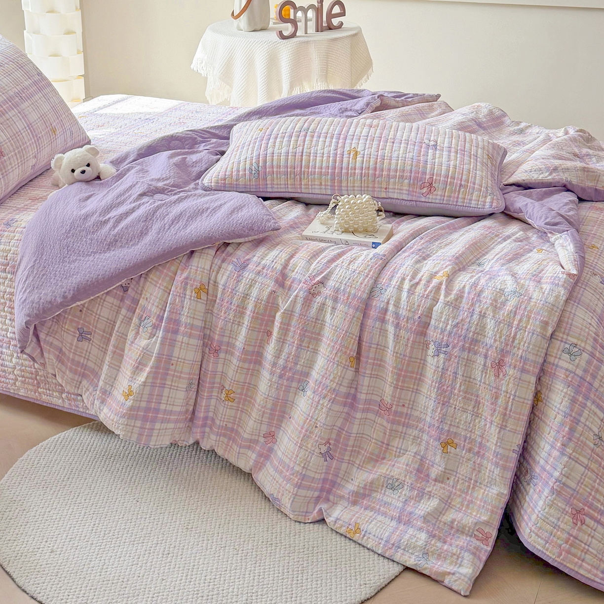 91家纺网 家纺一手货源 找家纺 悠米悠家 2026春夏新款泡泡纱印花夏被夏凉被空调被 芋泥啵啵 Kitty