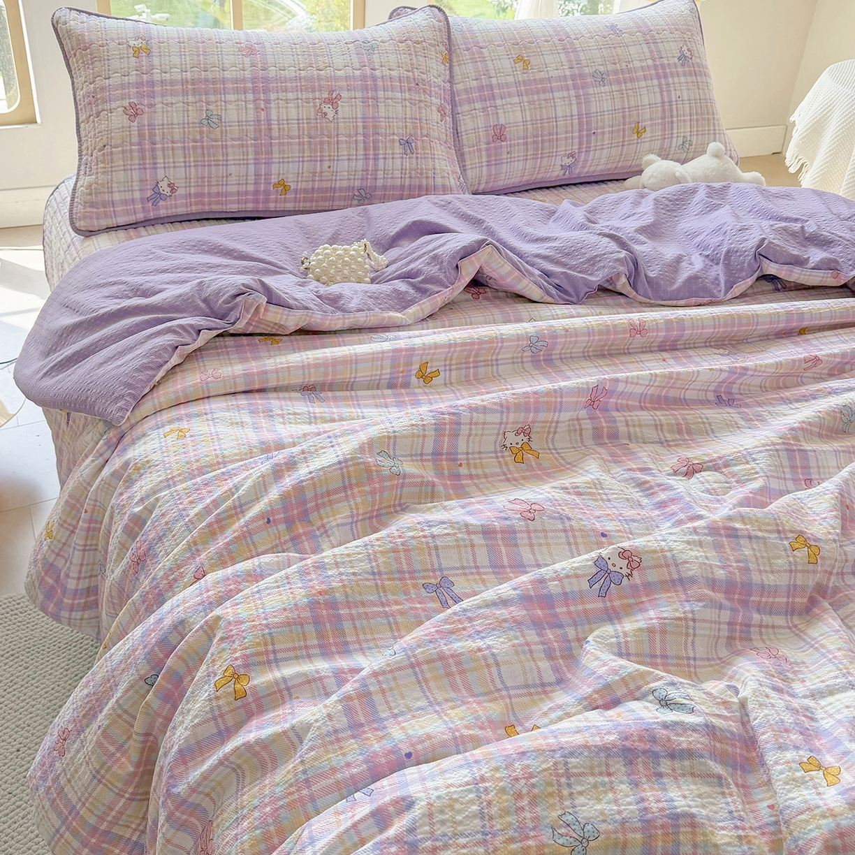 91家纺网 家纺一手货源 找家纺 悠米悠家 2026春夏新款泡泡纱印花夏被夏凉被空调被 芋泥啵啵 Kitty