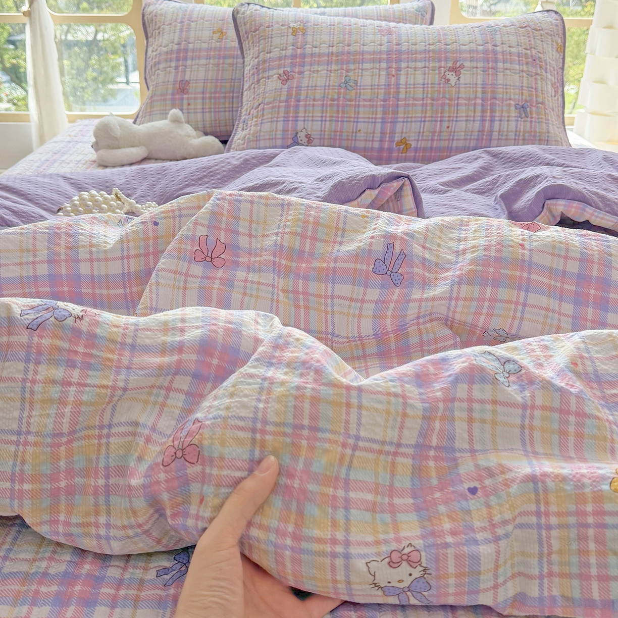 91家纺网 家纺一手货源 找家纺 悠米悠家 2026春夏新款泡泡纱印花夏被夏凉被空调被 芋泥啵啵 Kitty