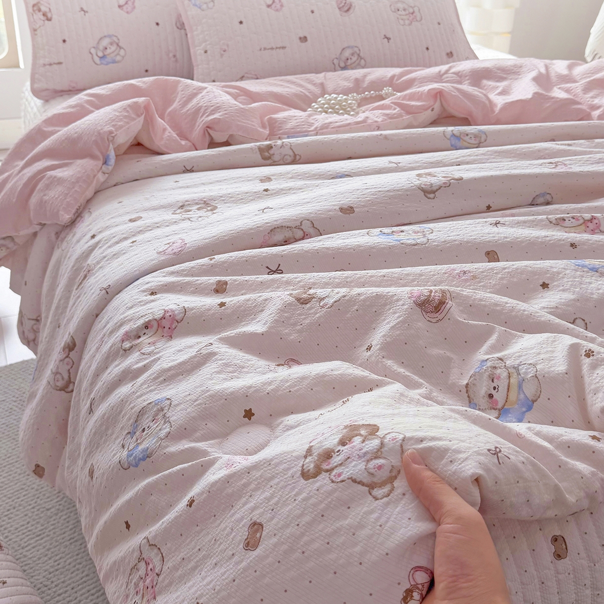 91家纺网 家纺一手货源 找家纺 悠米悠家 2026春夏新款泡泡纱印花夏被夏凉被空调被 甜心小狗铺