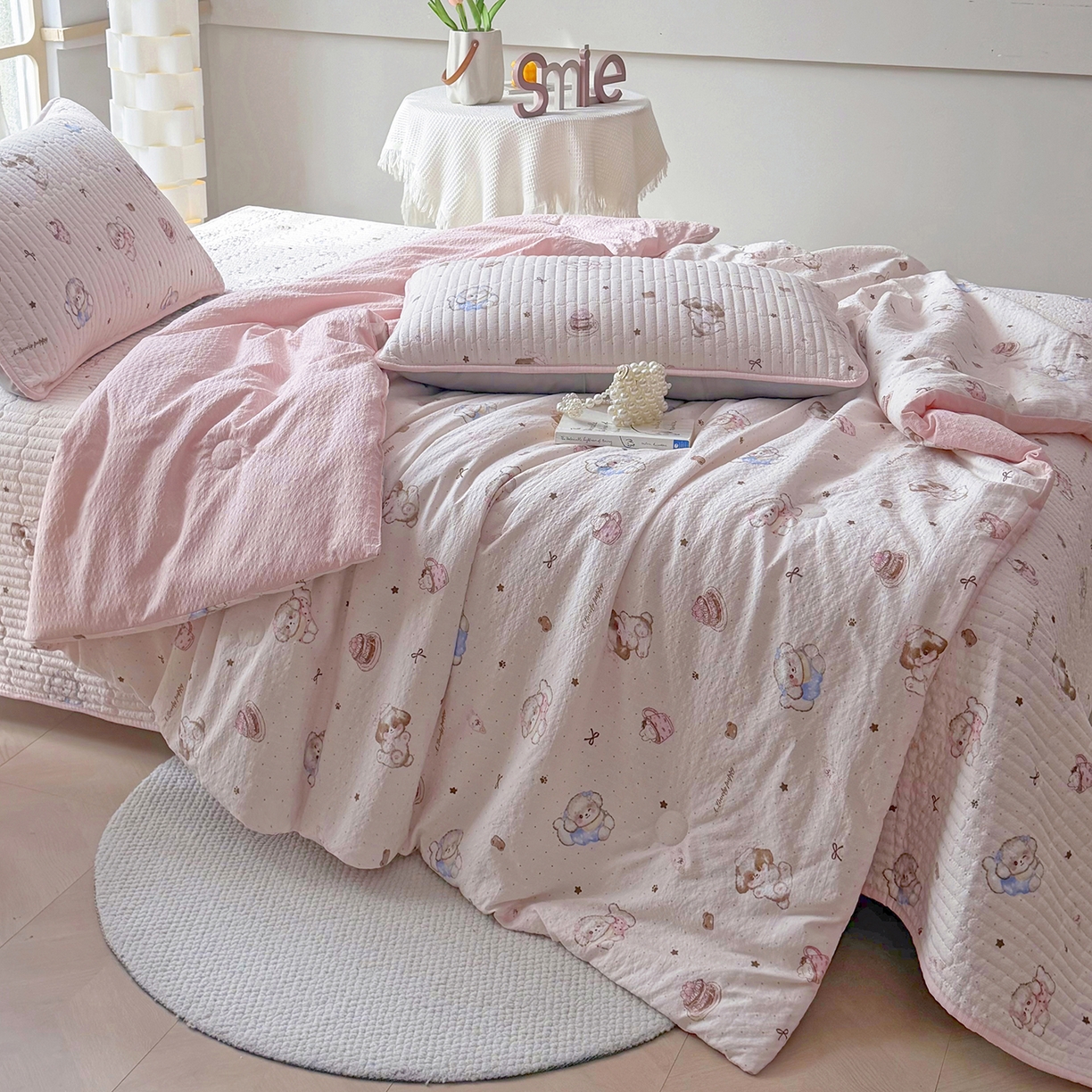 91家纺网 家纺一手货源 找家纺 悠米悠家 2026春夏新款泡泡纱印花夏被夏凉被空调被 甜心小狗铺