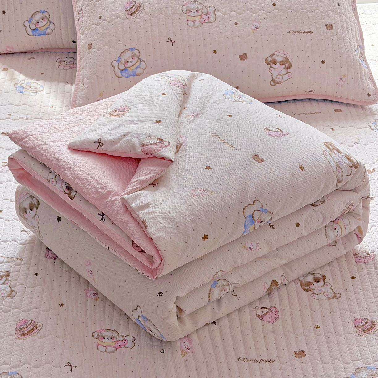 91家纺网 家纺一手货源 找家纺 悠米悠家 2026春夏新款泡泡纱印花夏被夏凉被空调被 甜心小狗铺