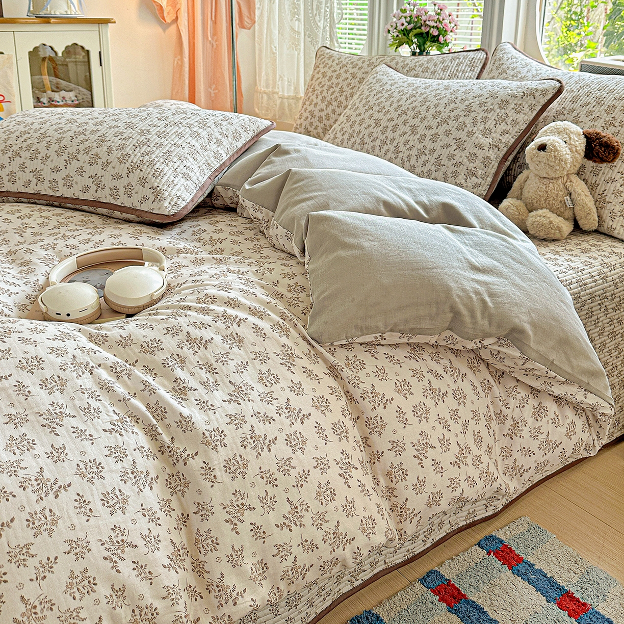 91家纺网 家纺一手货源 找家纺 文黛家居 2026新款全棉双层纱床盖四件套 半夏花浓