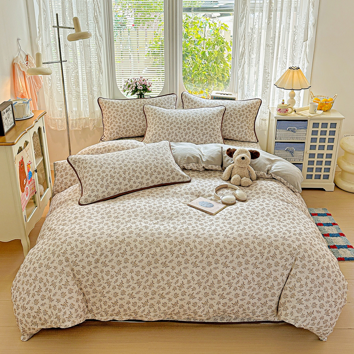 91家纺网 家纺一手货源 找家纺 文黛家居 2026新款全棉双层纱床盖四件套 半夏花浓