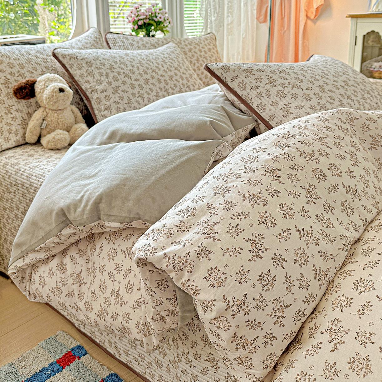 91家纺网 家纺一手货源 找家纺 文黛家居 2026新款全棉双层纱床盖四件套 半夏花浓