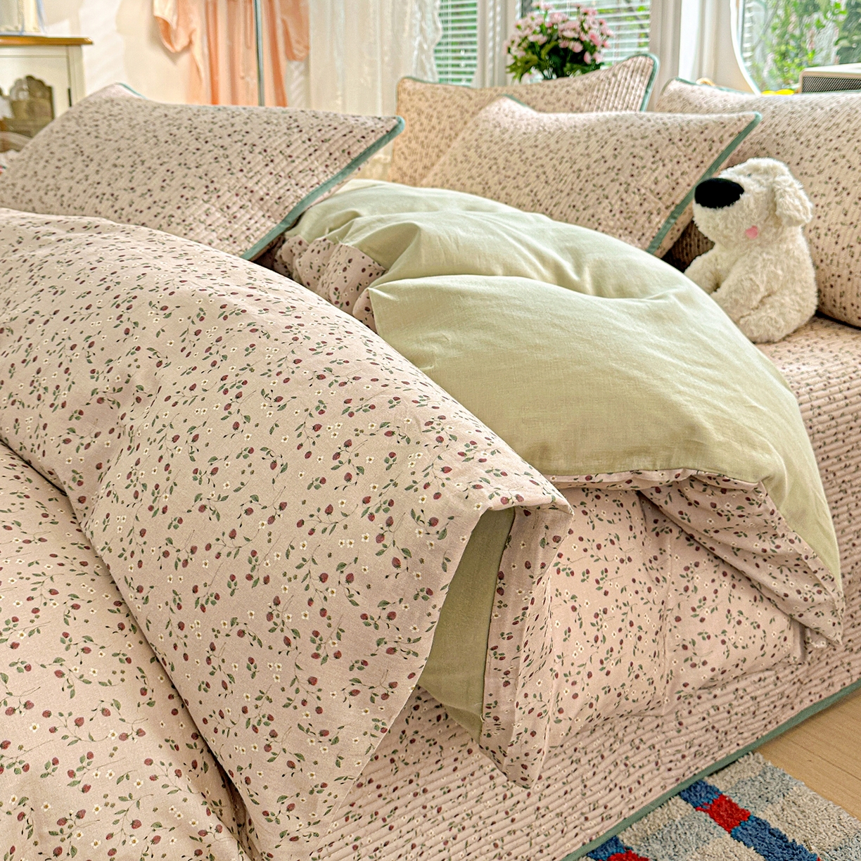 文黛家居 2026新款全棉双层纱床盖四件套 晨雾花田