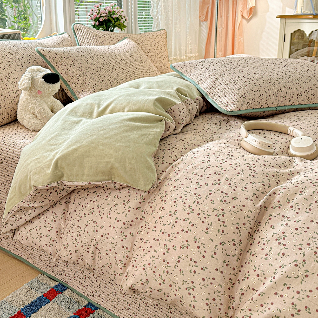 91家纺网 家纺一手货源 找家纺 文黛家居 2026新款全棉双层纱床盖四件套 晨雾花田