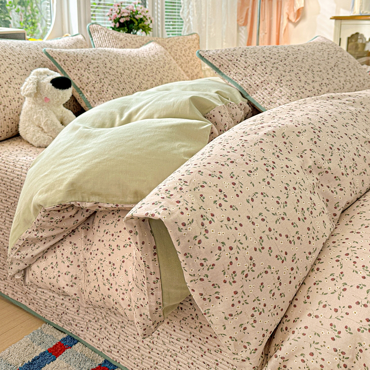 91家纺网 家纺一手货源 找家纺 文黛家居 2026新款全棉双层纱床盖四件套 晨雾花田