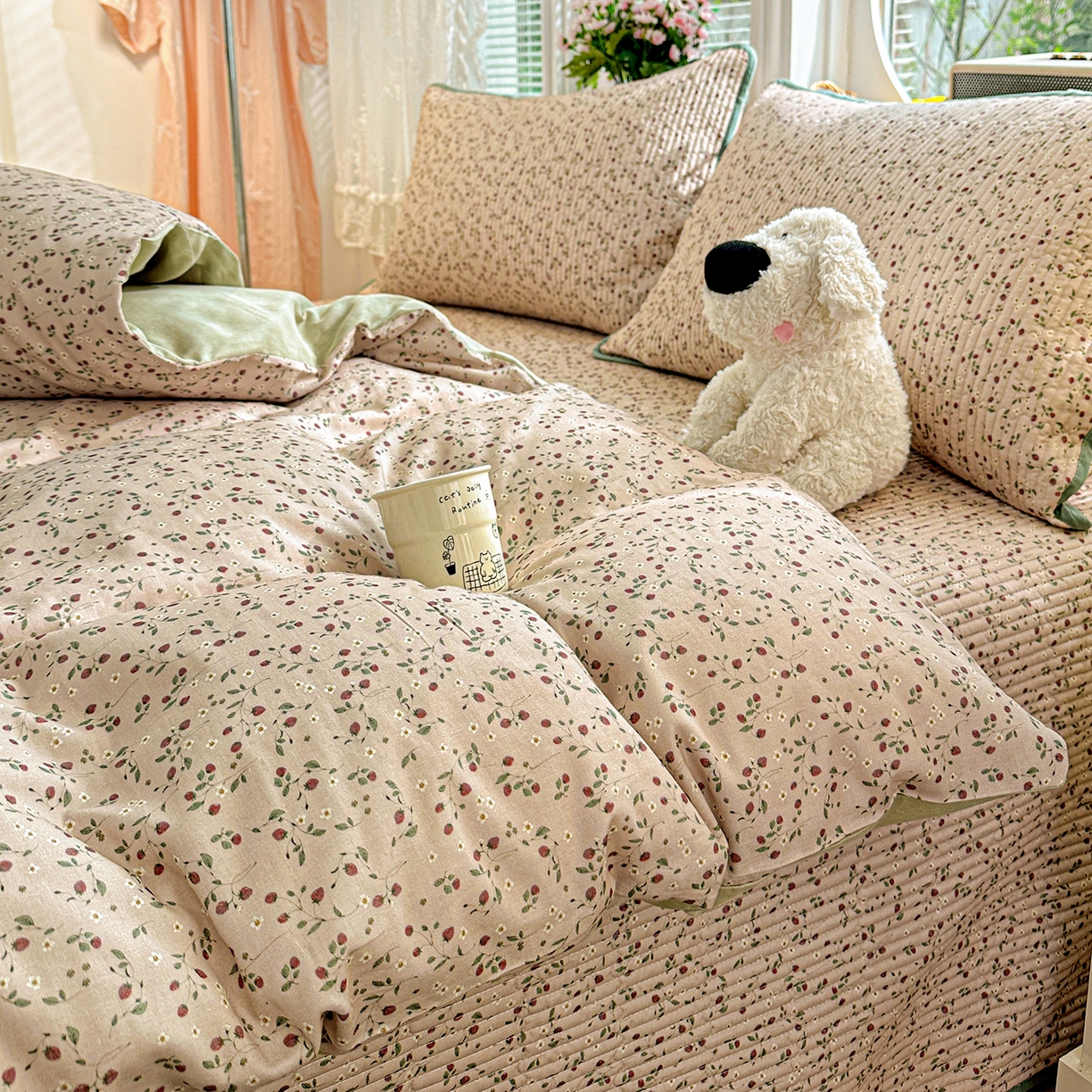 91家纺网 家纺一手货源 找家纺 文黛家居 2026新款全棉双层纱床盖四件套 晨雾花田