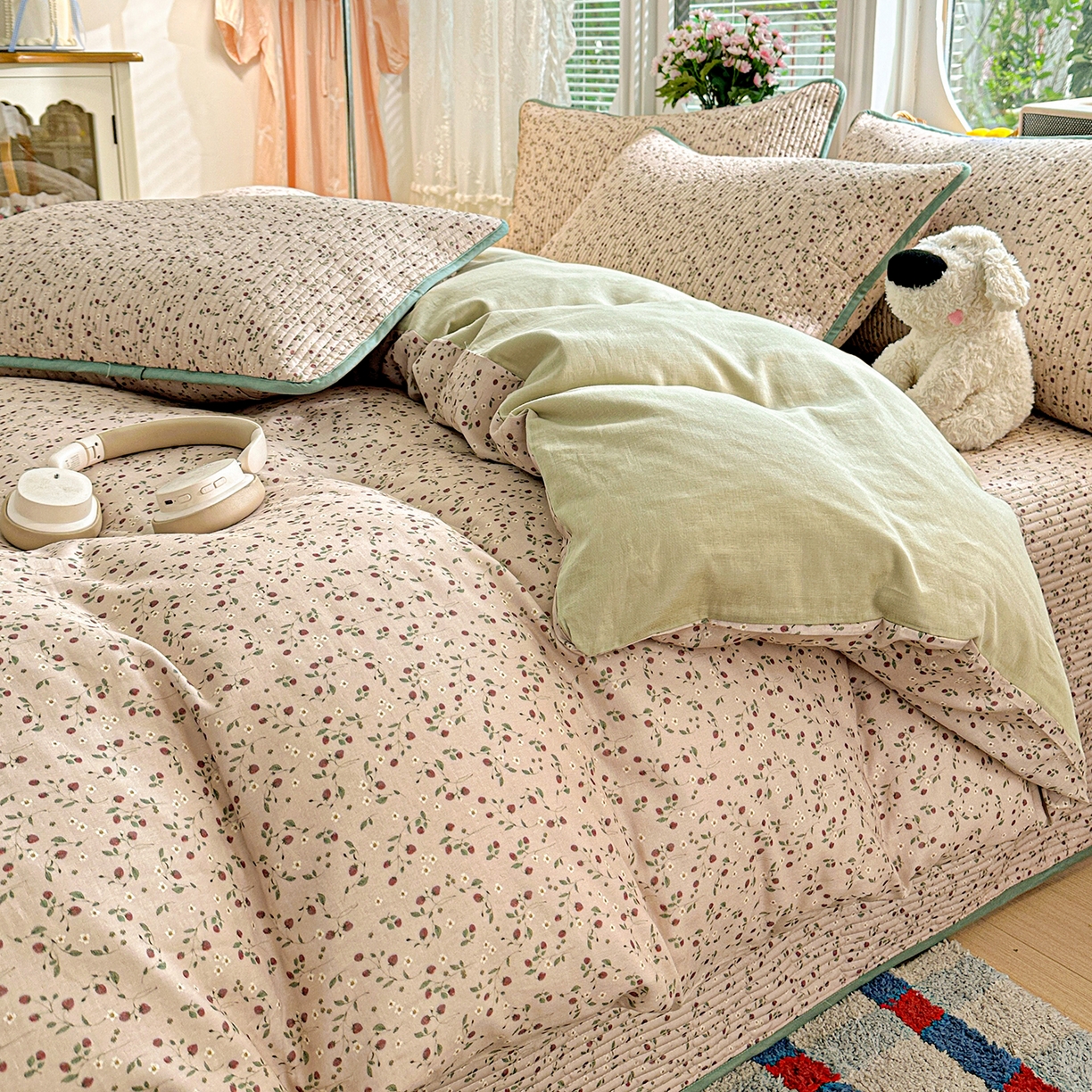 91家纺网 家纺一手货源 找家纺 文黛家居 2026新款全棉双层纱床盖四件套 晨雾花田