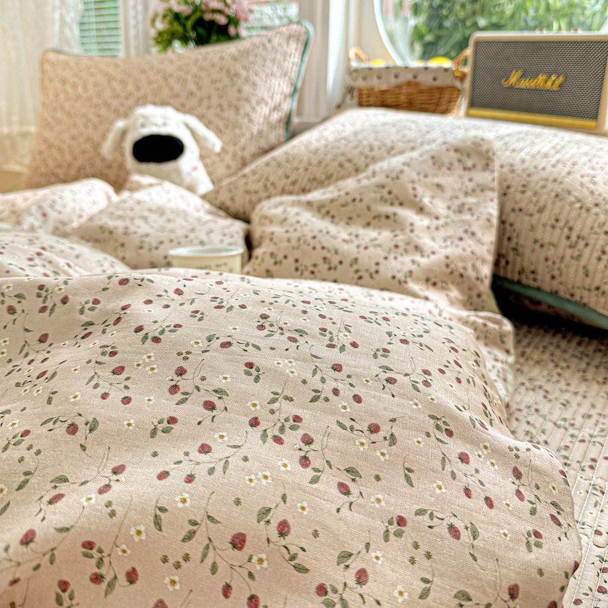 91家纺网 家纺一手货源 找家纺 文黛家居 2026新款全棉双层纱床盖四件套 晨雾花田