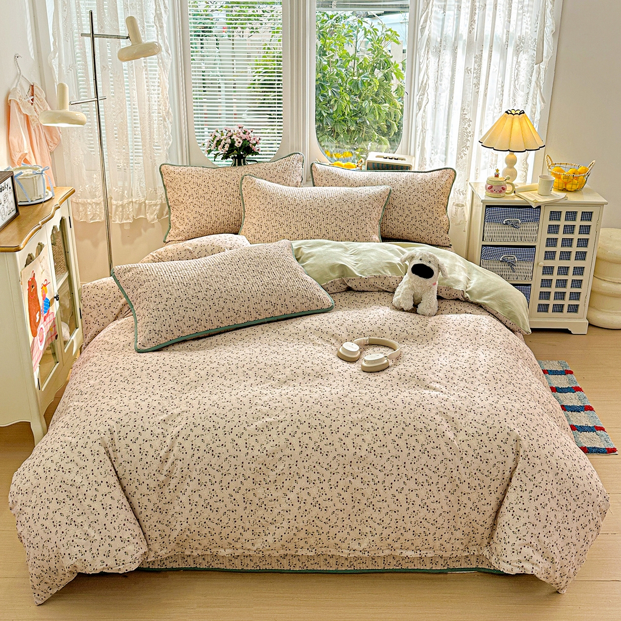 91家纺网 家纺一手货源 找家纺 文黛家居 2026新款全棉双层纱床盖四件套 晨雾花田