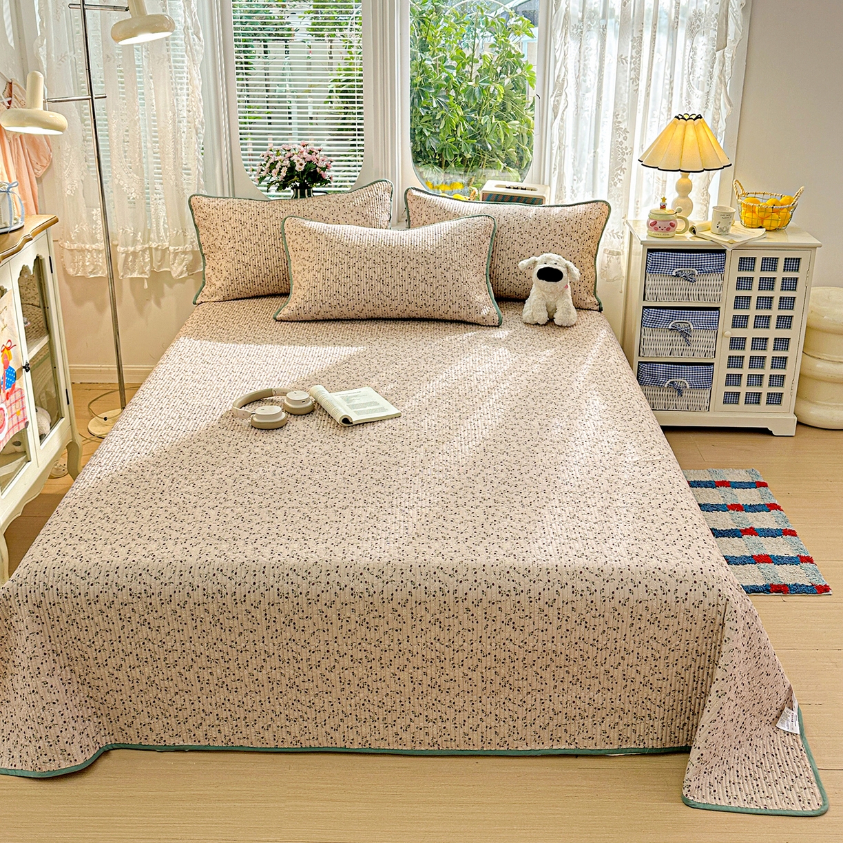 91家纺网 家纺一手货源 找家纺 文黛家居 2026新款全棉双层纱床盖四件套 晨雾花田