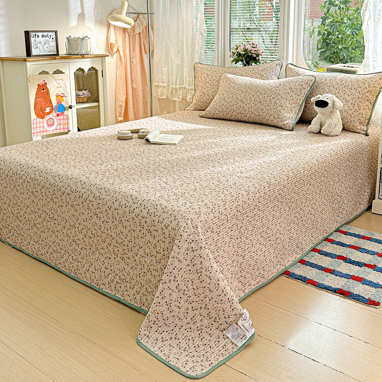 91家纺网 家纺一手货源 找家纺 文黛家居 2026新款全棉双层纱床盖四件套 晨雾花田