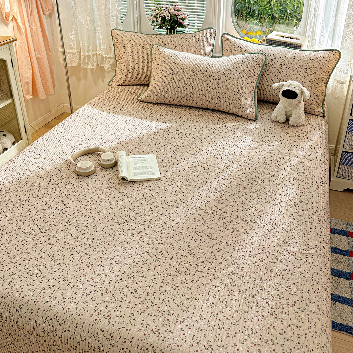 91家纺网 家纺一手货源 找家纺 文黛家居 2026新款全棉双层纱床盖四件套 晨雾花田